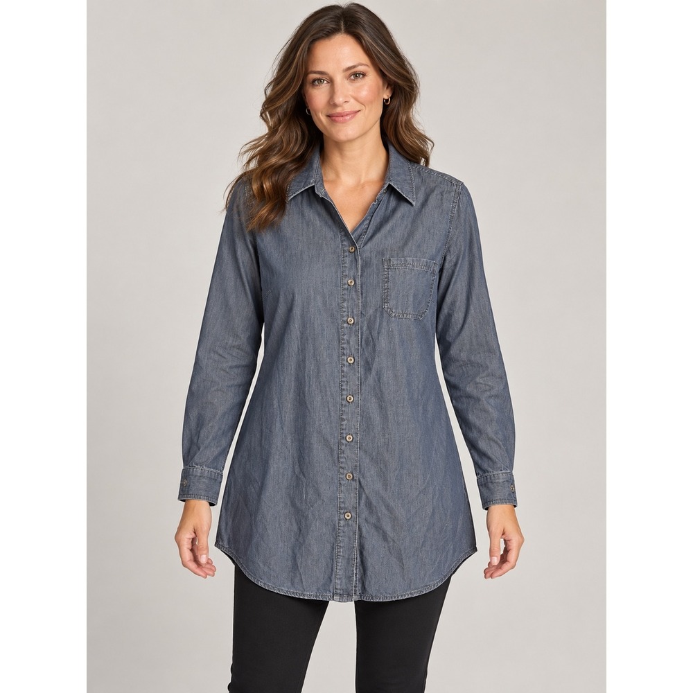 Coldwater Creek Shaped Denim Tunic Shirt Blue Long Sleeve Button Down Top